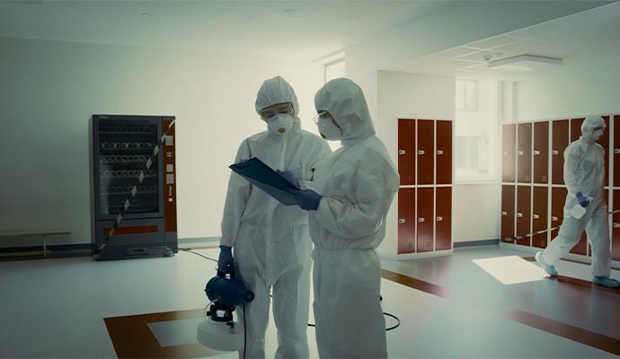 Professional biohazard cleaning team on site