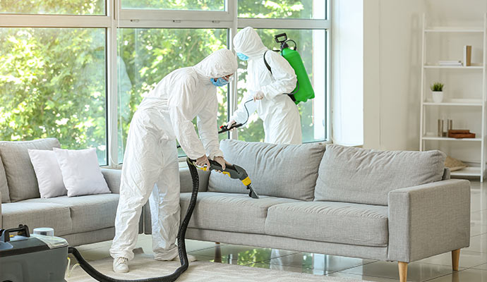 Two specialists in protective hazmat suits deep cleaning a gray sofa with professional vacuum and sprayer equipment