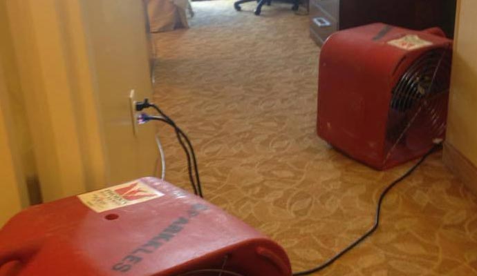Red industrial air movers drying carpet