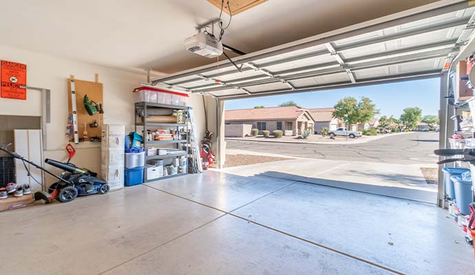 Residential garage interior with open door