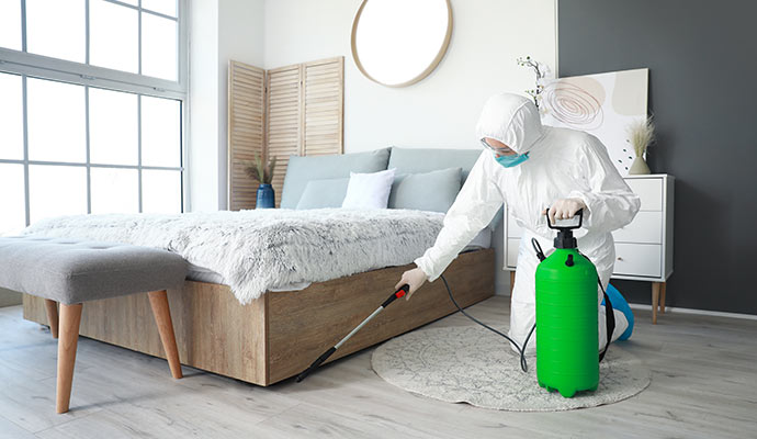 Cleaning specialist in full protective gear using a green sprayer to sanitize the floor area around a bed