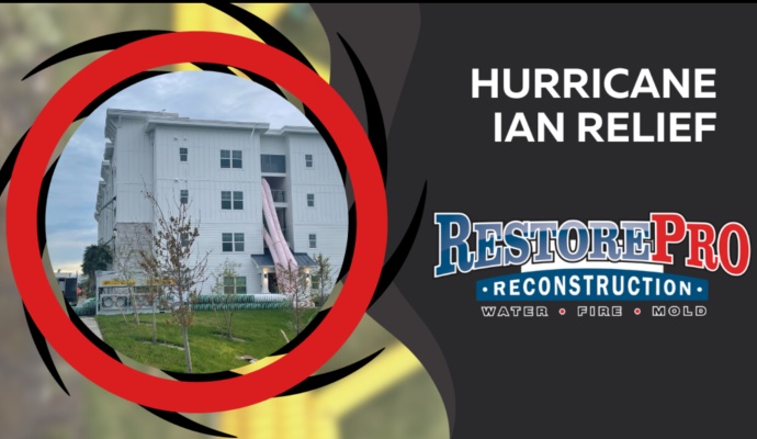 A graphic for RestorePro's 'Hurricane Ian Relief' services, showing an image of their restoration work on a large building