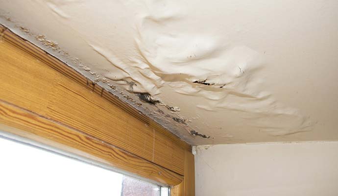 Ceiling water damage with peeling paint and stains from a roof leak