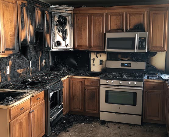 A kitchen showing extensive fire damage with charred wooden cabinets, soot-covered countertops, and damaged appliances