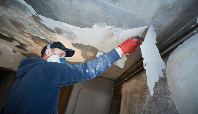 A professional restoring smoke damaged wall with equipment