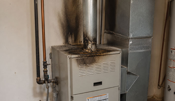 Soot covered furnace in utility room
