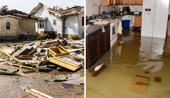 Collage of storm damaged property and flooded room
