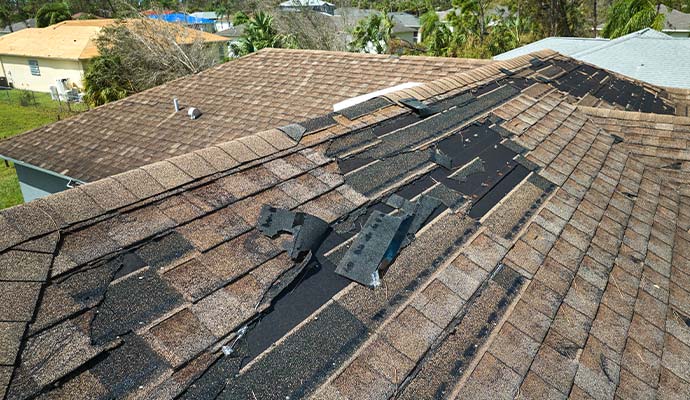Storm damage roof of a residential house