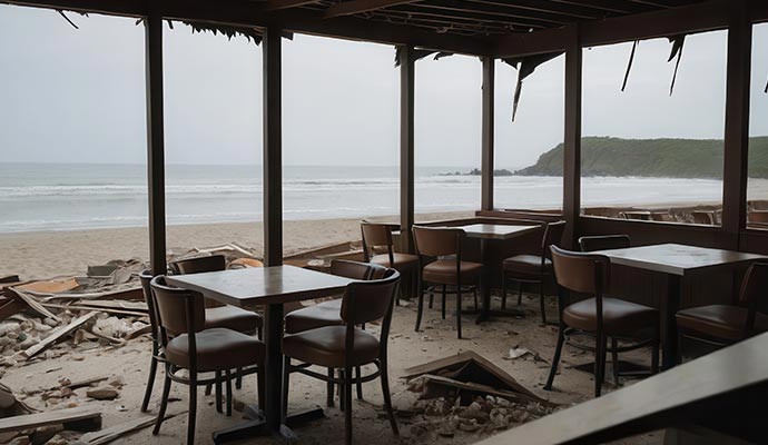 Storm damaged beach cafe interior