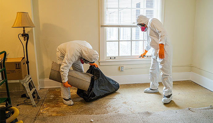 Two specialists in full biohazard suits and respirators carefully
          removing contaminated carpet from a room during a trauma scene
          cleanup