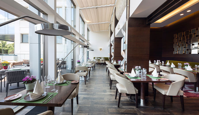 The interior of an upscale restaurant, showing the dining area
