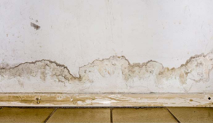 Water damage stains and peeling paint on drywall