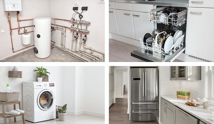 Collage of hot water heater, dishwasher, washing machine and refrigerator