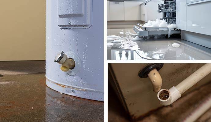 Collage of hot water heater leak, dishwasher, and AC unit overflow