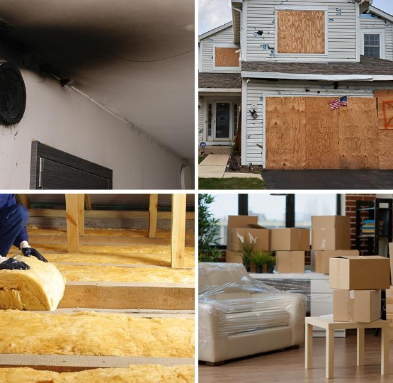 Collage of soot damage, board up, insulation and content pack out service