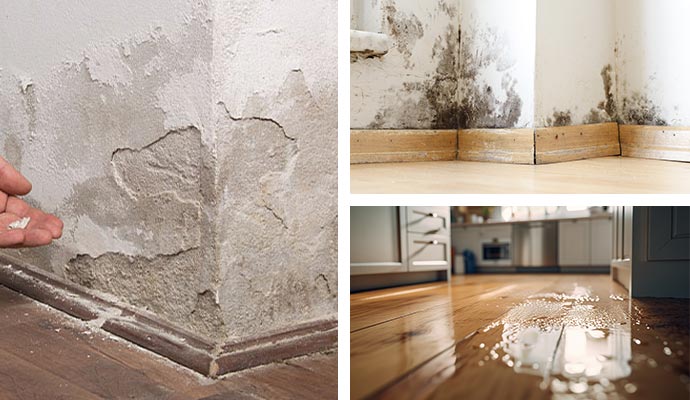 Collage of structural wall damage, mold damaged wall and water damaged wooden floor