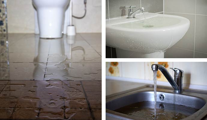 Collage of toilet, bathroom sink, and kitchen sink overflow