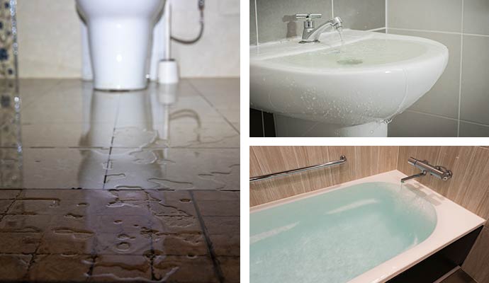 Collage of toilet, bathroom, sink, and tub overflow