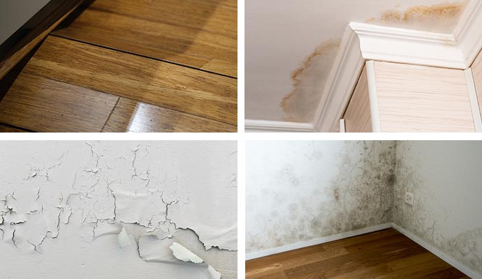 Collage of uneven floor, damaged ceiling, damaged wall and mold damaged wall