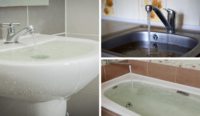 Collage of water overflowing from basin, kitchen sink and shower tub