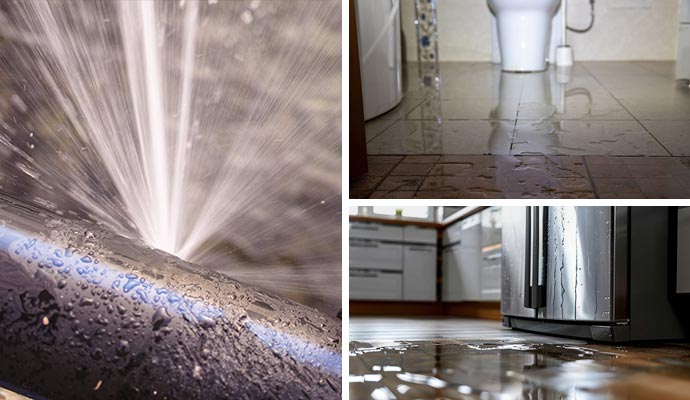 Collage of water spraying out from broken pipe, water damaged bathroom floor and water leaking from refrigerator