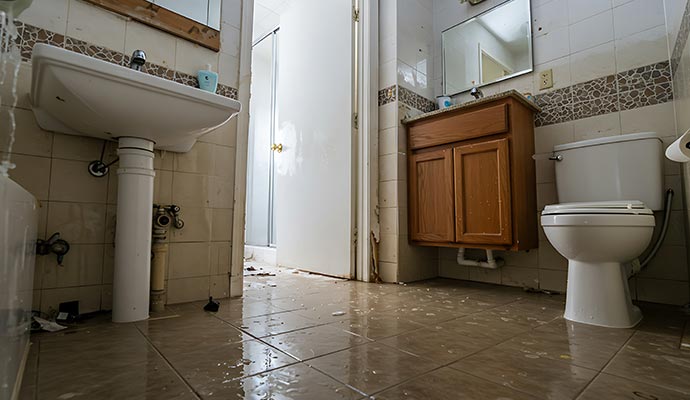 Interior view of a flooded bathroom with standing water on the floor