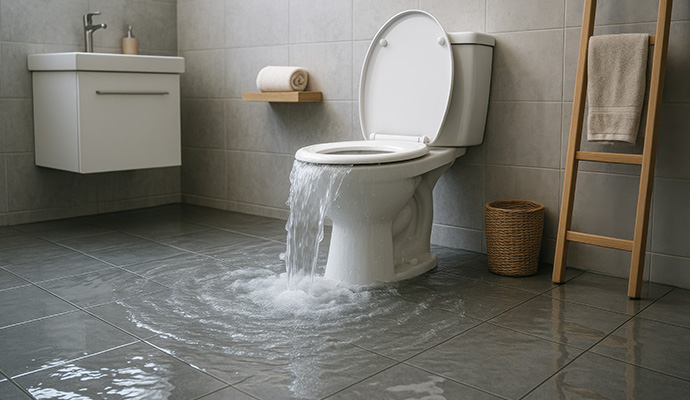 Overflowing toilet causing water damage in bathroom