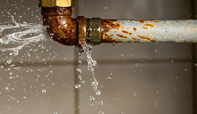 Rusty broken pipe spraying water