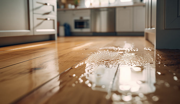 Water damaged wooden floor due to plumbing leakage