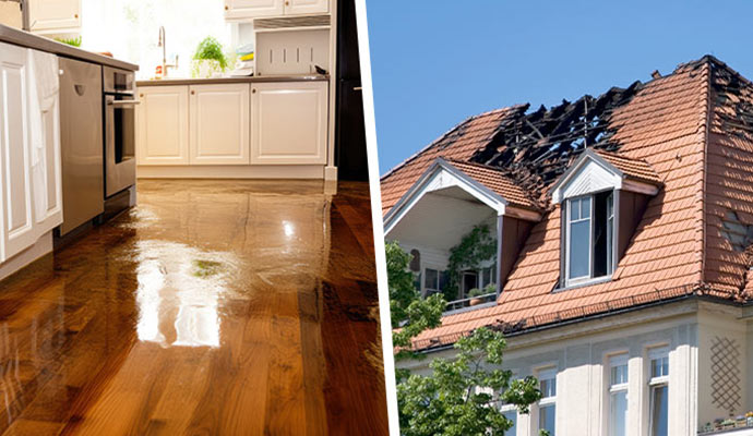 Water damaged floor and fire damaged house