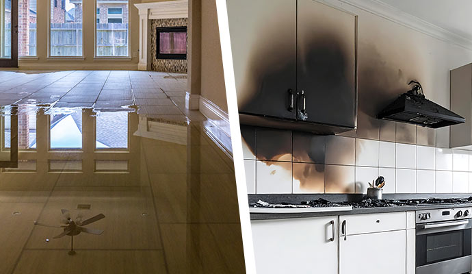 Water damaged floor and fire damaged kitchen