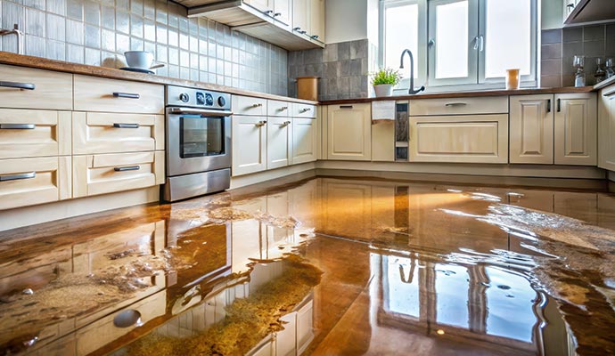Water damaged kitchen floor caused by leaky faucet