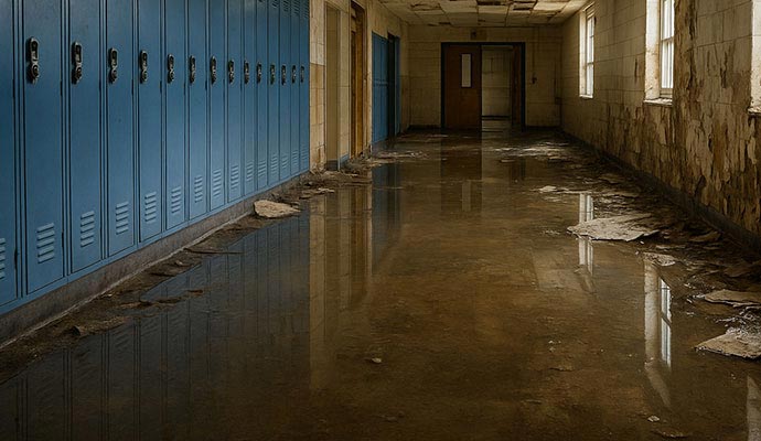 Water damaged school hallway
