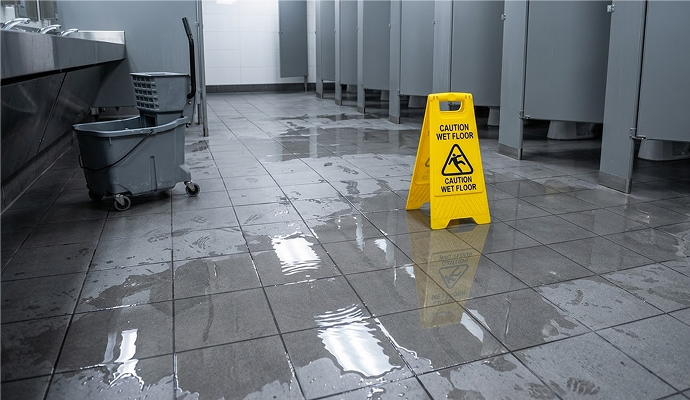Water damaged toilet floor in a commercial space